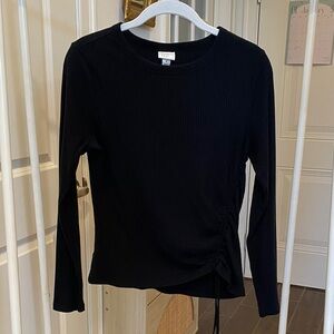 Black Ribbed Top with Ruched Detail